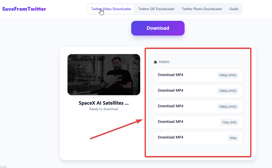Choosing HD or SD video download quality on XSaverBot