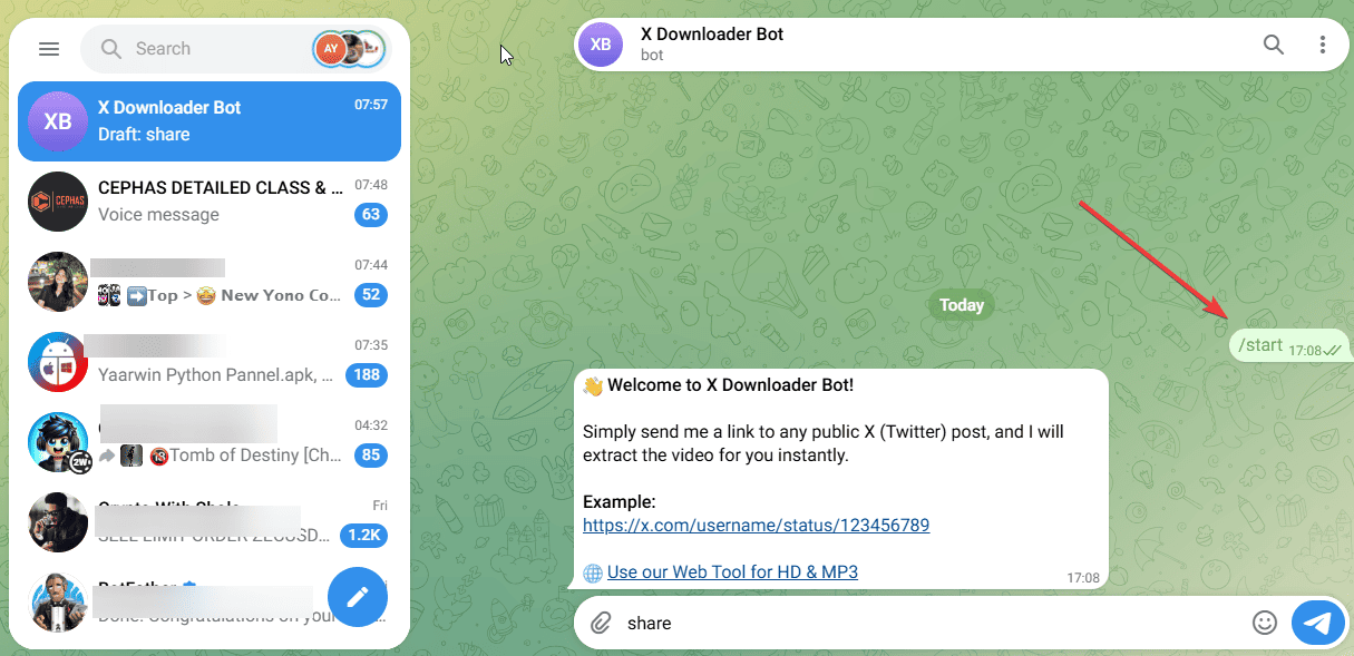 Opening the X Downloader Bot in your chat app