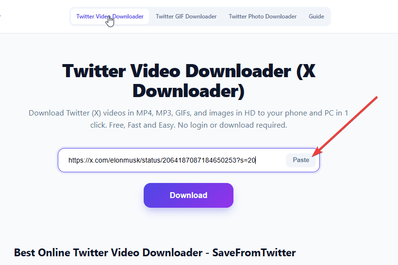 Pasting a Twitter video URL into the XSaverBot input box